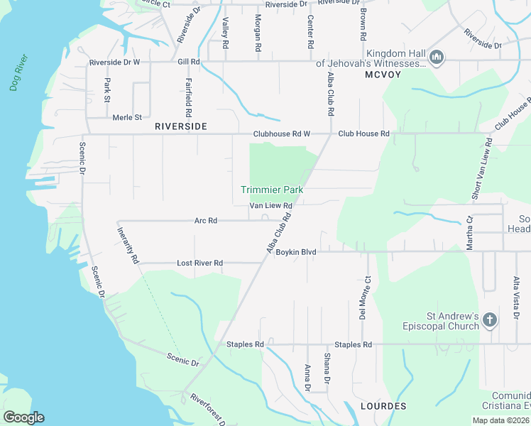 map of restaurants, bars, coffee shops, grocery stores, and more near 2417 Arc Road in Mobile