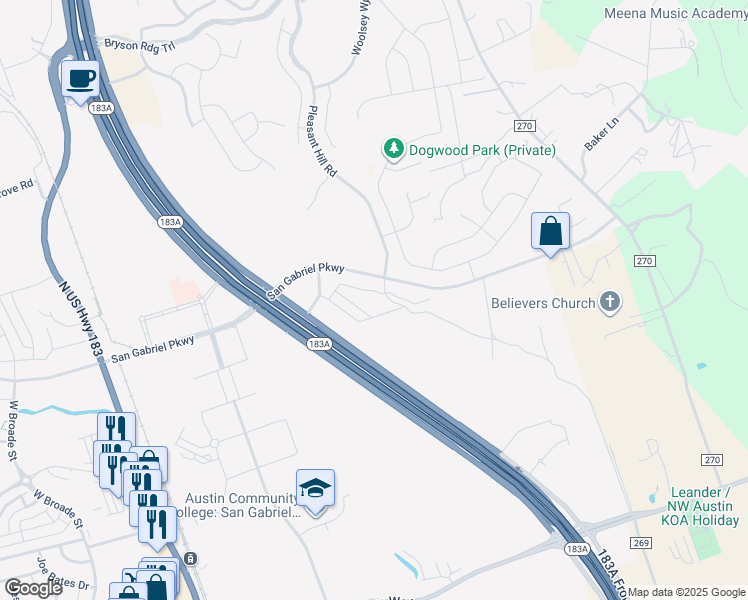 map of restaurants, bars, coffee shops, grocery stores, and more near 1141 Pleasant Hill Road in Leander