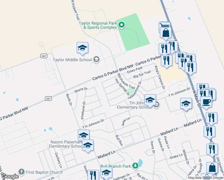 map of restaurants, bars, coffee shops, grocery stores, and more near 135 Everglades Avenue in Taylor