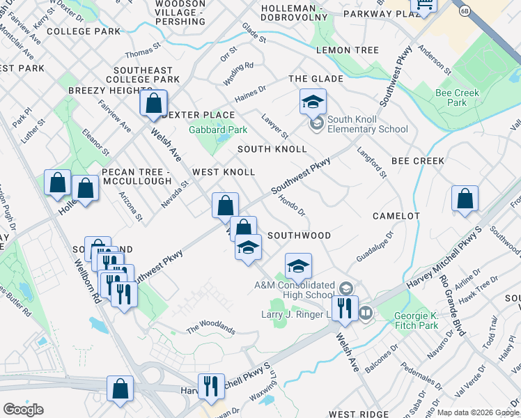 map of restaurants, bars, coffee shops, grocery stores, and more near 1807 Leona Drive in College Station