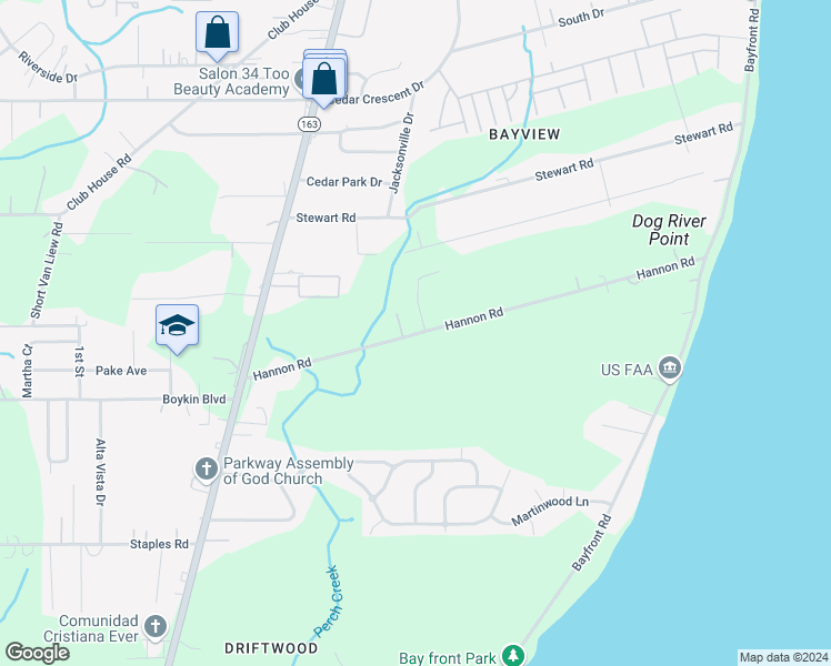 map of restaurants, bars, coffee shops, grocery stores, and more near 1325 Hannon Road in Mobile