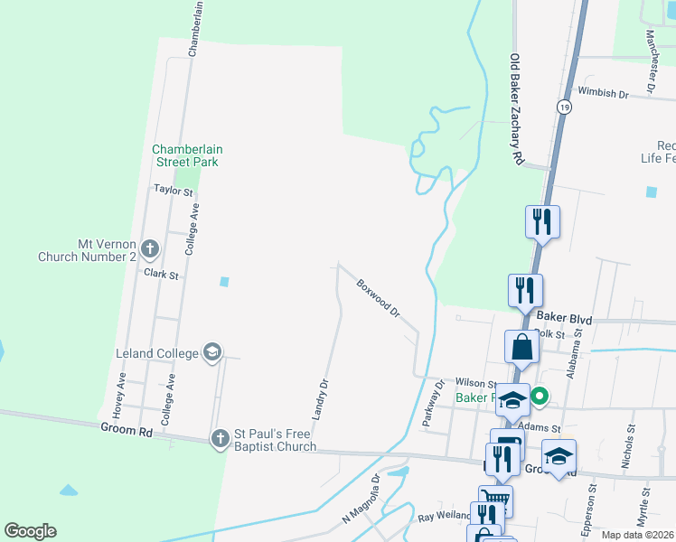 map of restaurants, bars, coffee shops, grocery stores, and more near 2001 Landry Drive in Baker