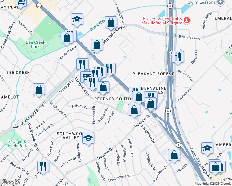 map of restaurants, bars, coffee shops, grocery stores, and more near 3002 Texas Avenue in College Station