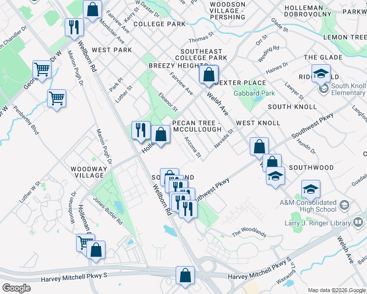 map of restaurants, bars, coffee shops, grocery stores, and more near 1110 Arizona Street in College Station
