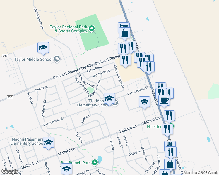 map of restaurants, bars, coffee shops, grocery stores, and more near 604 Big Bend Trail in Taylor
