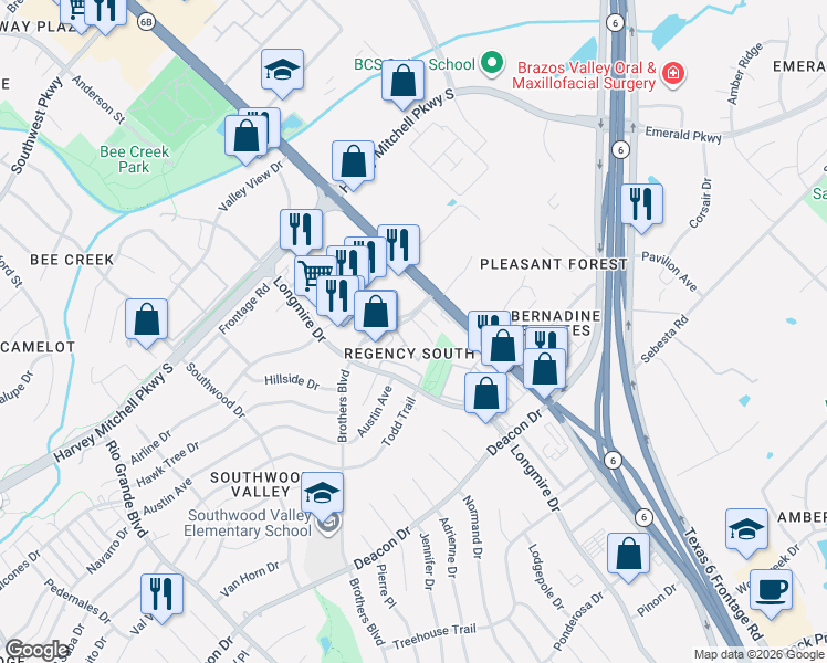 map of restaurants, bars, coffee shops, grocery stores, and more near 1825 Brothers Boulevard in College Station