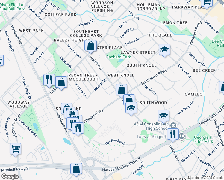 map of restaurants, bars, coffee shops, grocery stores, and more near 706 Llano Place in College Station