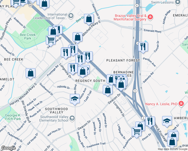 map of restaurants, bars, coffee shops, grocery stores, and more near 2411 Brittain Court in College Station