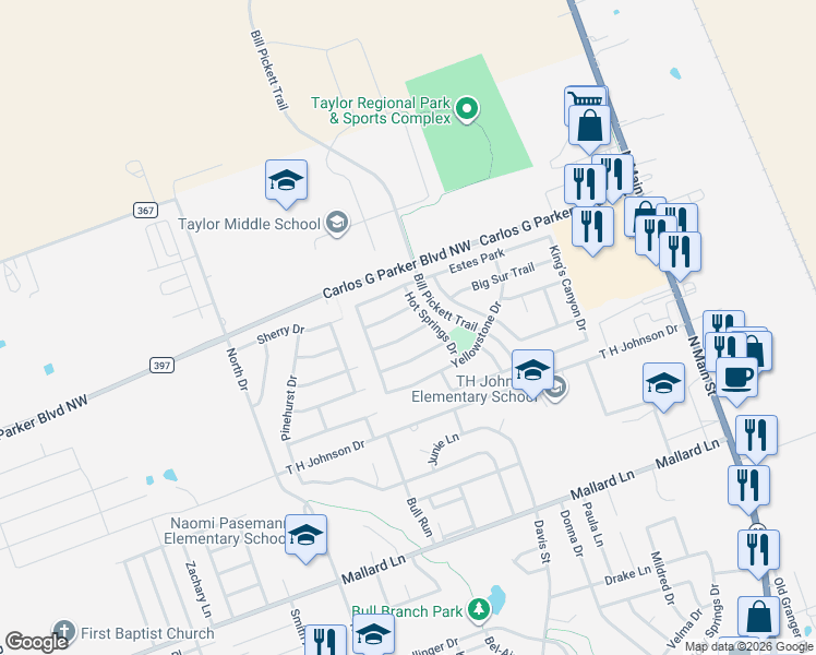 map of restaurants, bars, coffee shops, grocery stores, and more near 116 Mammoth in Taylor
