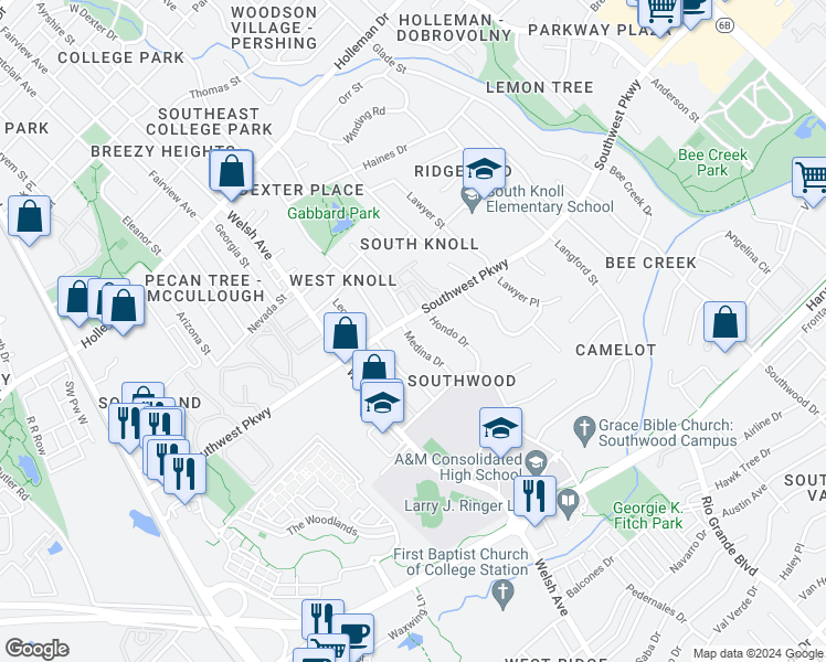 map of restaurants, bars, coffee shops, grocery stores, and more near 1803 Medina Drive in College Station