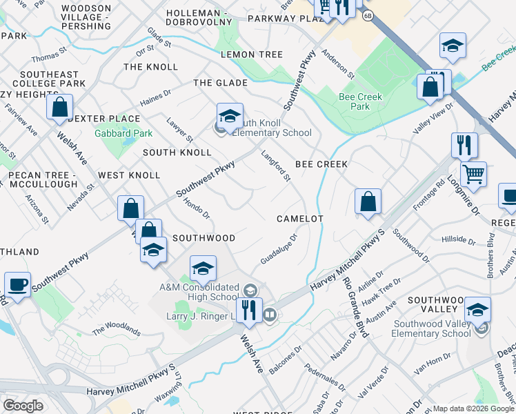 map of restaurants, bars, coffee shops, grocery stores, and more near 1900 Lawyer Place in College Station