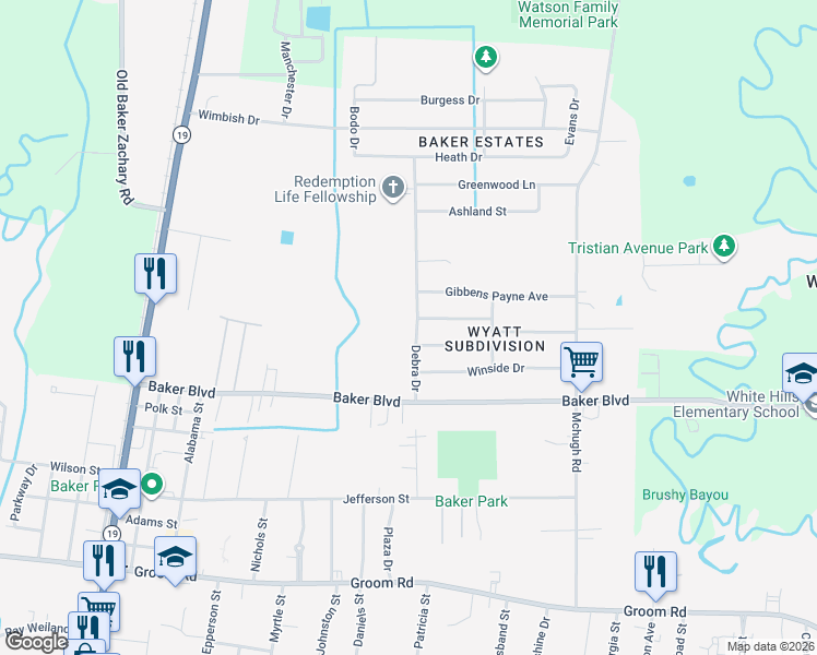 map of restaurants, bars, coffee shops, grocery stores, and more near 2005 Debra Drive in Baker