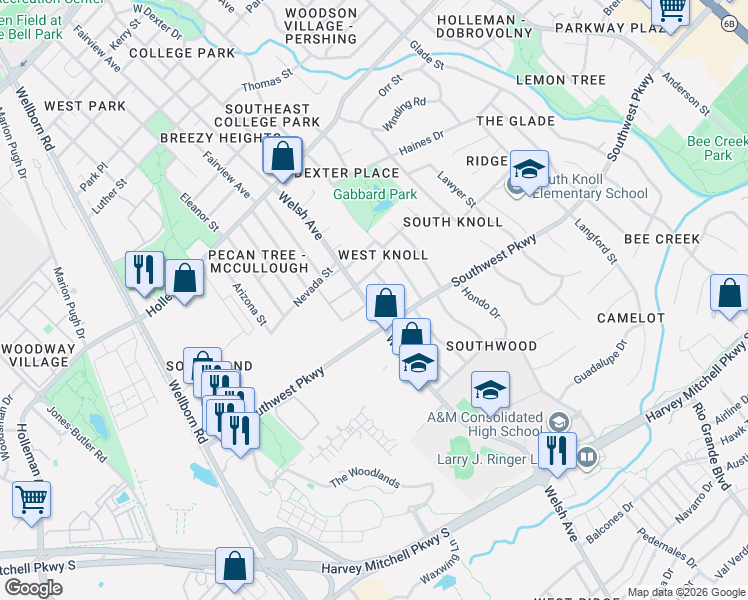 map of restaurants, bars, coffee shops, grocery stores, and more near 1609 Welsh Avenue in College Station