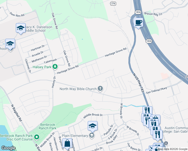 map of restaurants, bars, coffee shops, grocery stores, and more near 555-1093 Heritage Grove Road in Leander