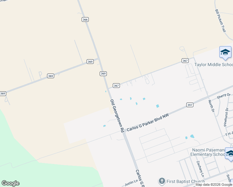 map of restaurants, bars, coffee shops, grocery stores, and more near 150 County Road 367 in Taylor
