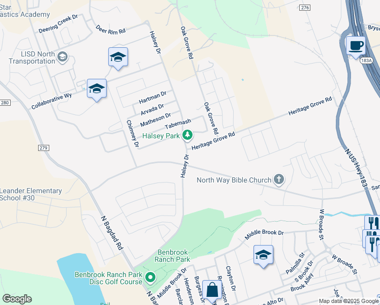 map of restaurants, bars, coffee shops, grocery stores, and more near 737 Heritage Grove Road in Leander
