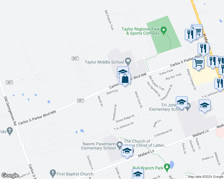 map of restaurants, bars, coffee shops, grocery stores, and more near 1404 Sherry in Taylor