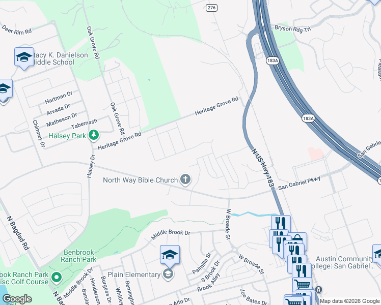 map of restaurants, bars, coffee shops, grocery stores, and more near 337 Coba Street in Leander
