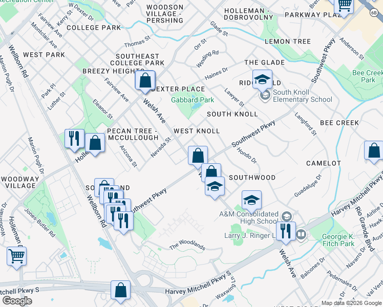 map of restaurants, bars, coffee shops, grocery stores, and more near 706 Llano Place in College Station