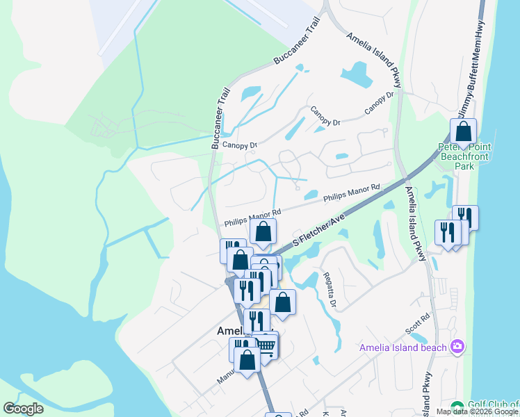 map of restaurants, bars, coffee shops, grocery stores, and more near 94195 Gull Point Place in Fernandina Beach