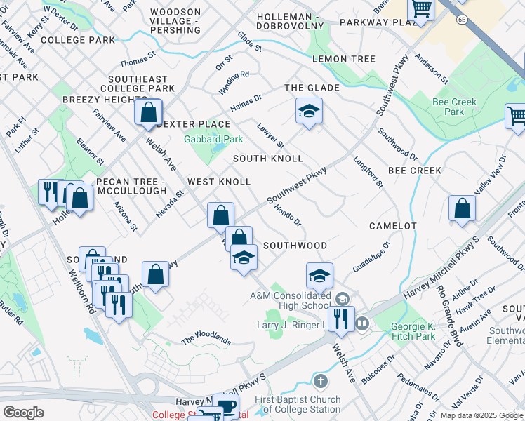 map of restaurants, bars, coffee shops, grocery stores, and more near 1801 Medina Drive in College Station