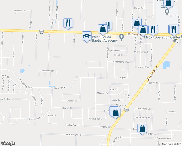 map of restaurants, bars, coffee shops, grocery stores, and more near 4442 Elsie Lane in Milton
