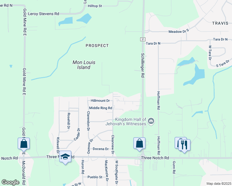 map of restaurants, bars, coffee shops, grocery stores, and more near 4545 Clearview Drive in Mobile