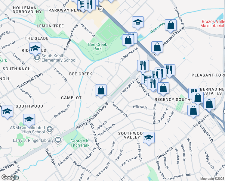 map of restaurants, bars, coffee shops, grocery stores, and more near in College Station