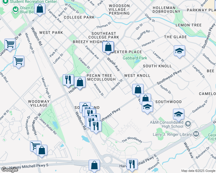 map of restaurants, bars, coffee shops, grocery stores, and more near 1213 Carolina Street in College Station