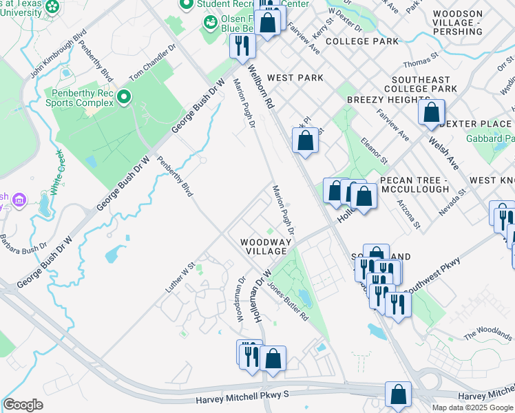 map of restaurants, bars, coffee shops, grocery stores, and more near 800 Marion Pugh Drive in College Station