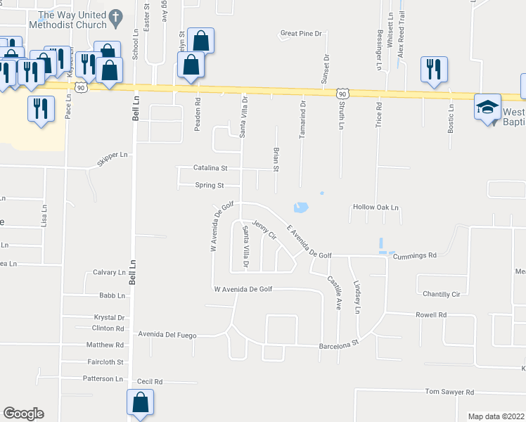 map of restaurants, bars, coffee shops, grocery stores, and more near 5313 East Avenida De Golf in Pace