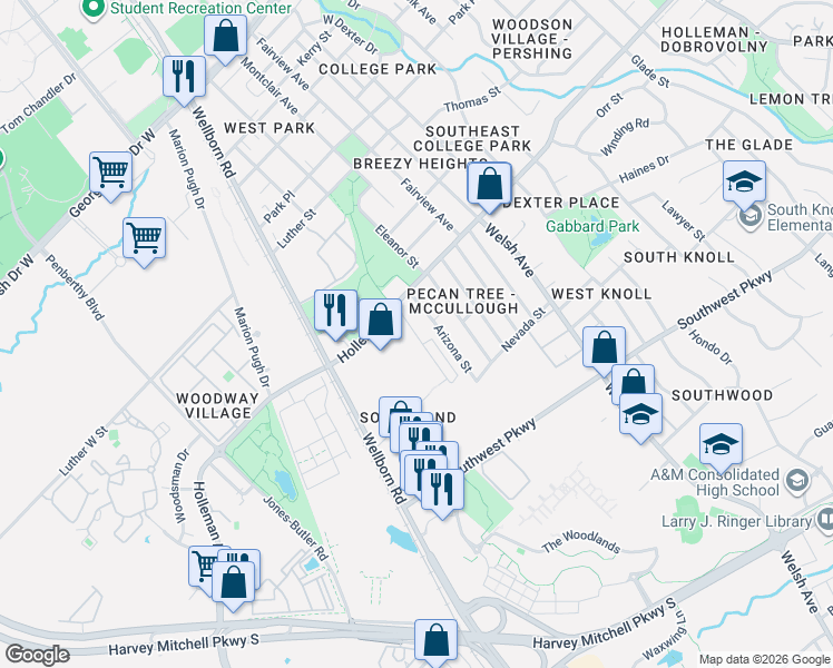 map of restaurants, bars, coffee shops, grocery stores, and more near 1112 Arizona Street in College Station