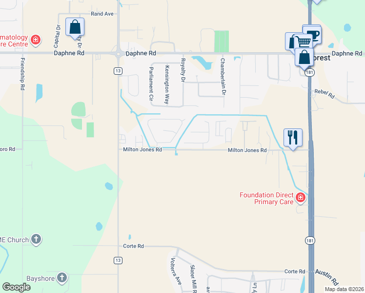 map of restaurants, bars, coffee shops, grocery stores, and more near 9346 Collier Loop in Daphne