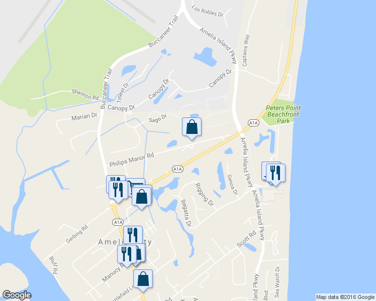 map of restaurants, bars, coffee shops, grocery stores, and more near 4628 Whimbrel Lane in Fernandina Beach