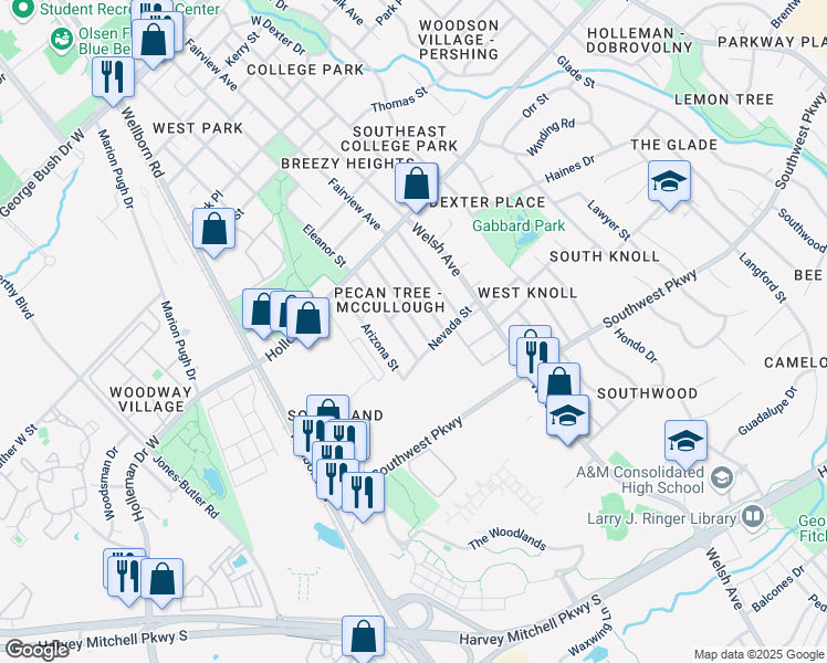 map of restaurants, bars, coffee shops, grocery stores, and more near 1213 Carolina Street in College Station