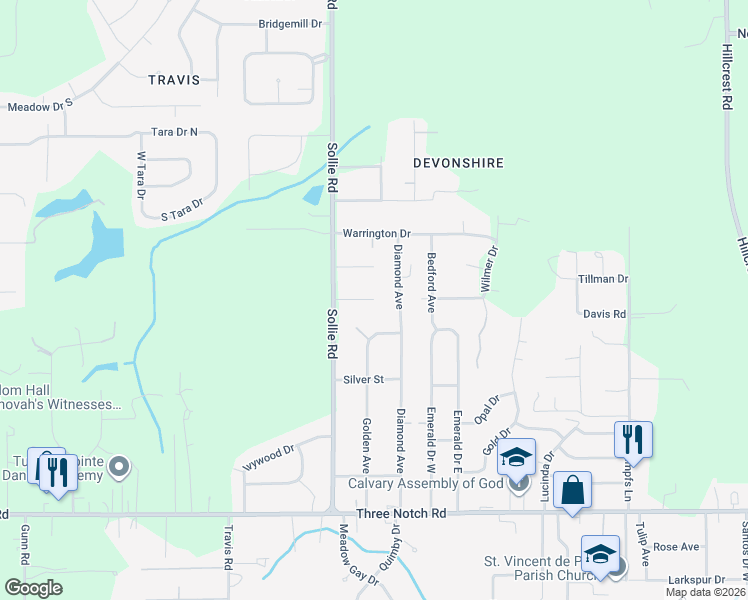map of restaurants, bars, coffee shops, grocery stores, and more near 7001 Huntington Court South in Mobile