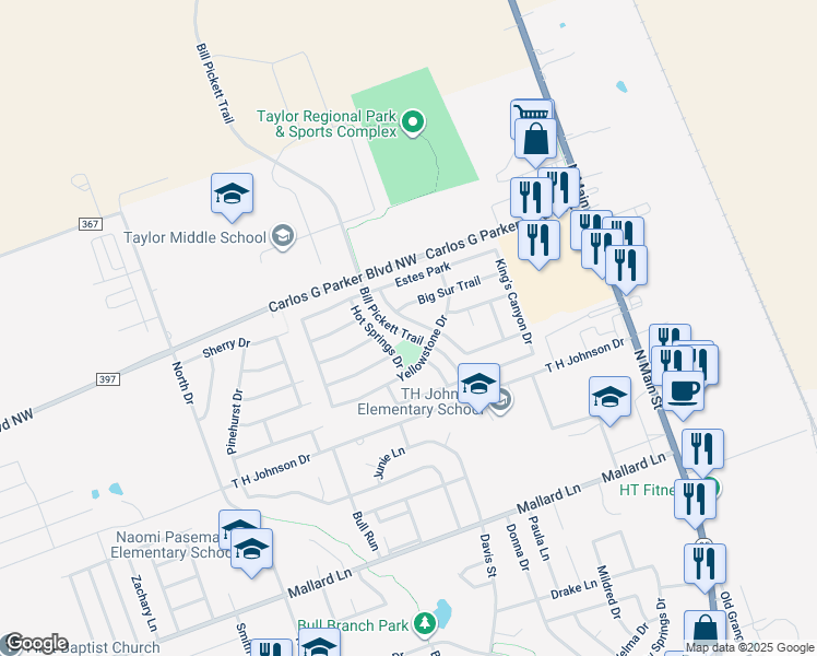 map of restaurants, bars, coffee shops, grocery stores, and more near 4301 Big Bend Trail in Taylor