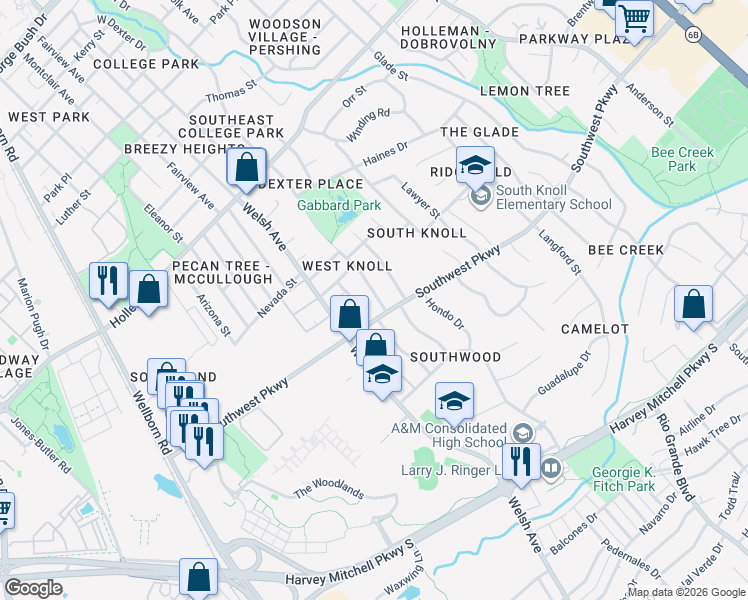 map of restaurants, bars, coffee shops, grocery stores, and more near 1700 Dexter Drive South in College Station