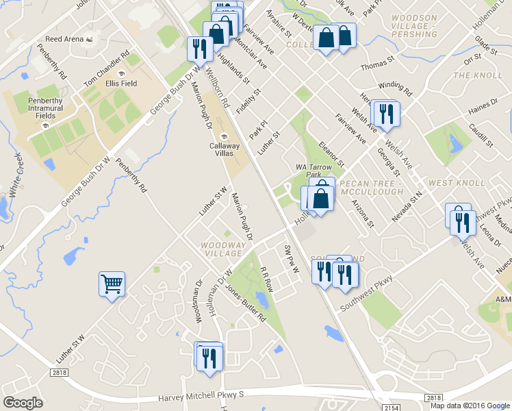 map of restaurants, bars, coffee shops, grocery stores, and more near 101 Luther Street in College Station