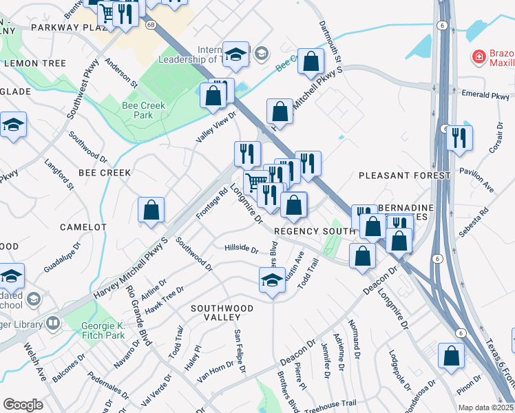 map of restaurants, bars, coffee shops, grocery stores, and more near 2205 Longmire Dr in College Station