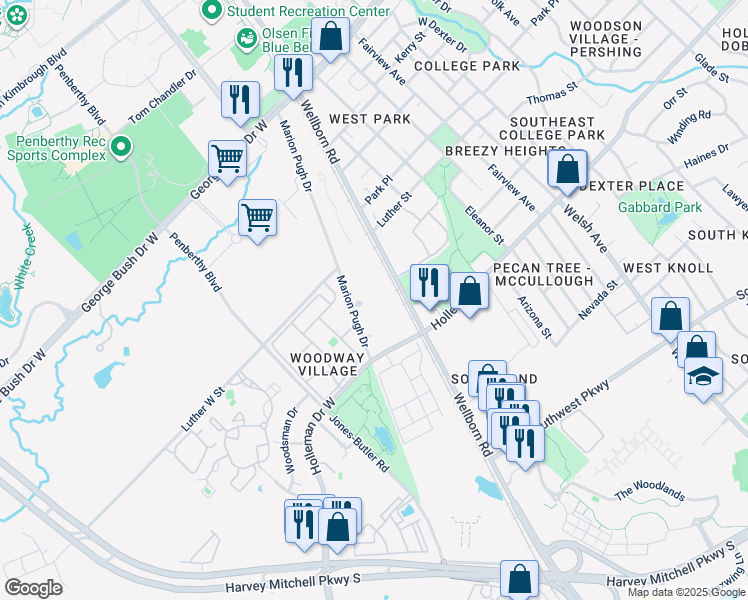 map of restaurants, bars, coffee shops, grocery stores, and more near 101 Luther Street in College Station