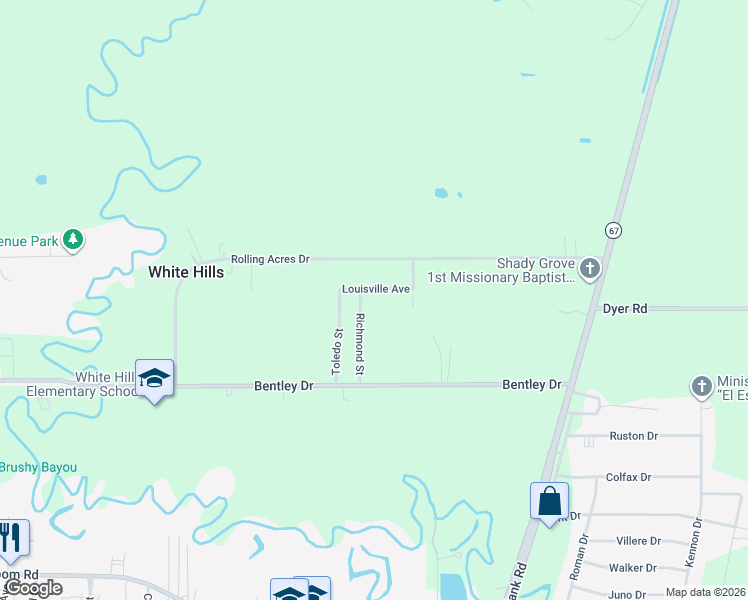 map of restaurants, bars, coffee shops, grocery stores, and more near 5736 Louisville Avenue in Baker