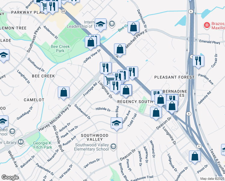 map of restaurants, bars, coffee shops, grocery stores, and more near 2205 Longmire Drive in College Station
