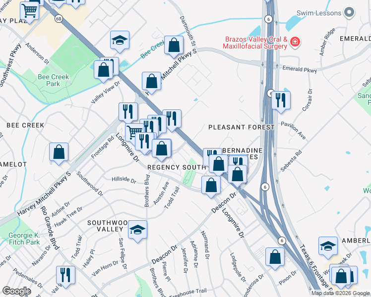 map of restaurants, bars, coffee shops, grocery stores, and more near 3002 Texas Avenue in College Station