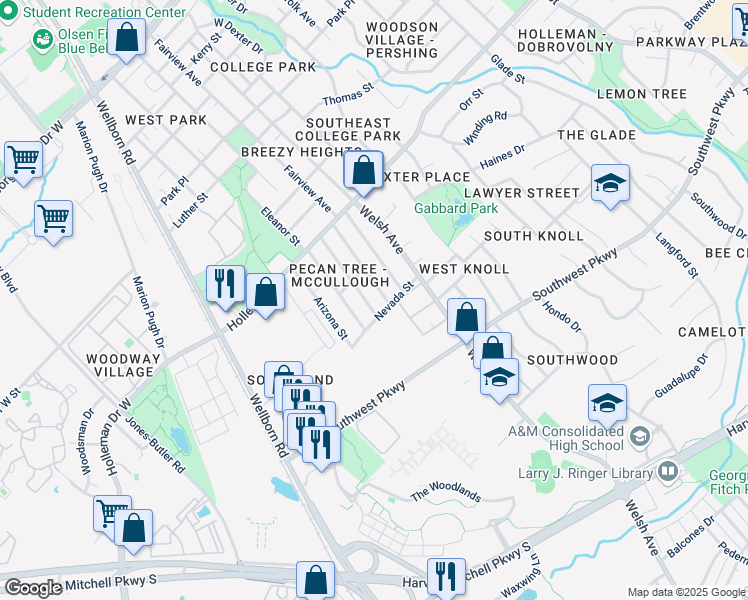 map of restaurants, bars, coffee shops, grocery stores, and more near 1213 Carolina Street in College Station