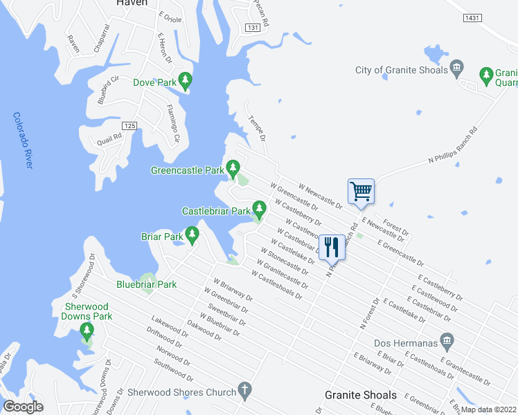 map of restaurants, bars, coffee shops, grocery stores, and more near 1105 North Shorewood Drive in Marble Falls