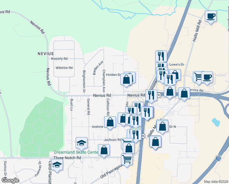 map of restaurants, bars, coffee shops, grocery stores, and more near 5662 Nevius Road in Mobile