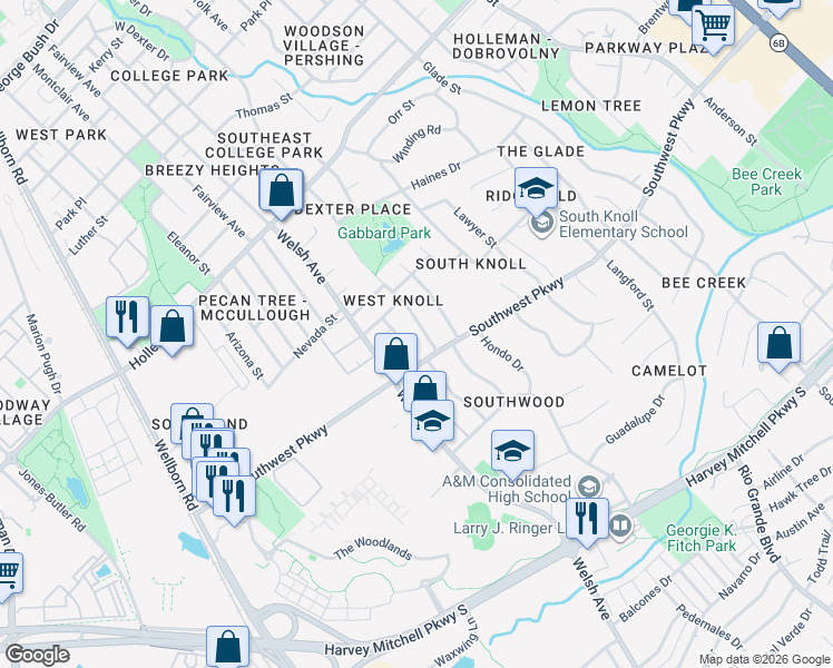 map of restaurants, bars, coffee shops, grocery stores, and more near 1700 Dexter Drive South in College Station