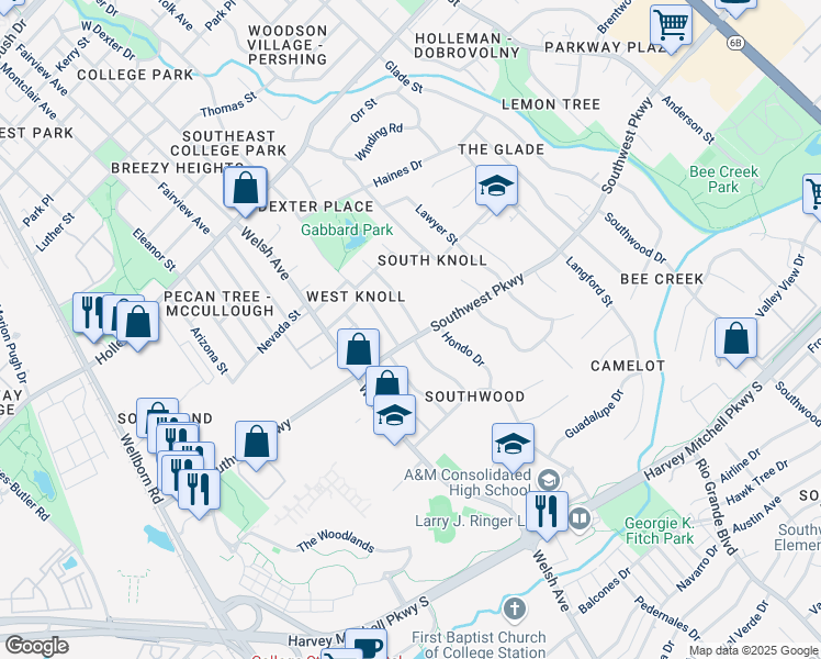 map of restaurants, bars, coffee shops, grocery stores, and more near 1714 Medina Drive in College Station