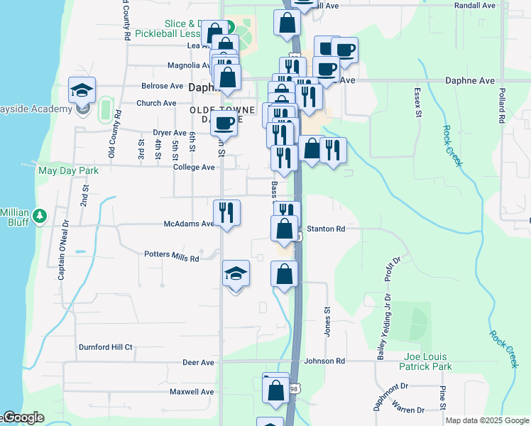 map of restaurants, bars, coffee shops, grocery stores, and more near 912 Bass Street in Daphne